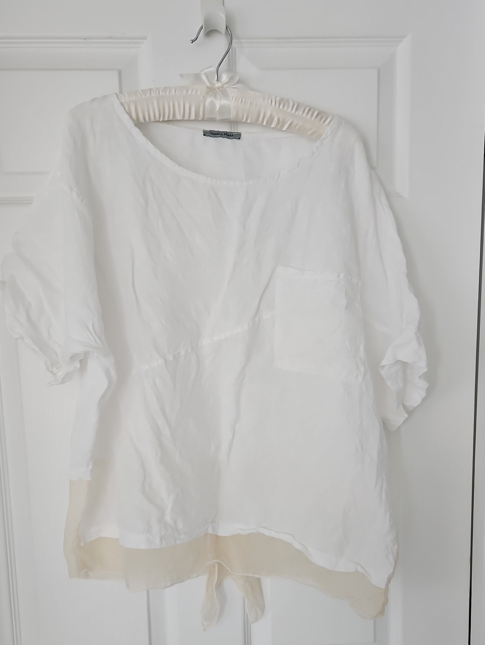 Relaxed White Linen Blend Top with Sheer Cream Contrast Hem